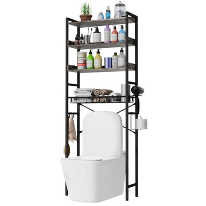 OverTheToilet Storage Rack 4 Tier Bathroom Organizer Shelf with Adjustable Basket Freestanding Shelves with Hair Dryer Holder H