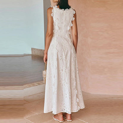 Elegant Lace Embroidery Vacation Long Dress Women Fashion O-neck Hight Waist Solid Party Dress Casual Sleeveless Holiday Dresses