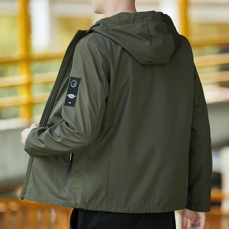 Men's Waterproof Military Jacket Hooded Windbreaker Casual Outdoor Camping Sports Coat Thin Zipper Closure Regular Fit