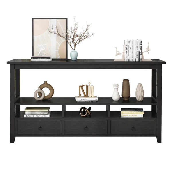 3 Tier Vintage Solid Console Table with 3 Drawers and Shelves, Industrial Console Table Coffee Table