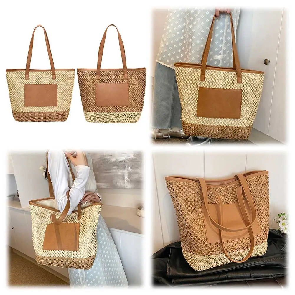Women Straw Crochet Beach Handbag PU Patchwork Simple Shoulder Bag Contrast Color Minimalist Tote Bag Ladies Summer Bag
