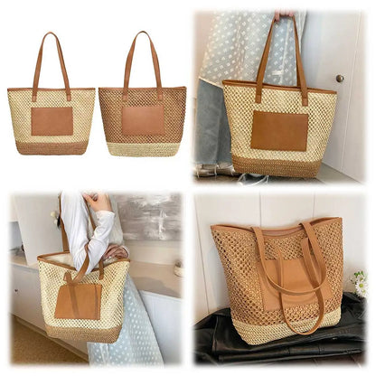Women Straw Crochet Beach Handbag PU Patchwork Simple Shoulder Bag Contrast Color Minimalist Tote Bag Ladies Summer Bag