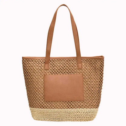 Women Straw Crochet Beach Handbag PU Patchwork Simple Shoulder Bag Contrast Color Minimalist Tote Bag Ladies Summer Bag