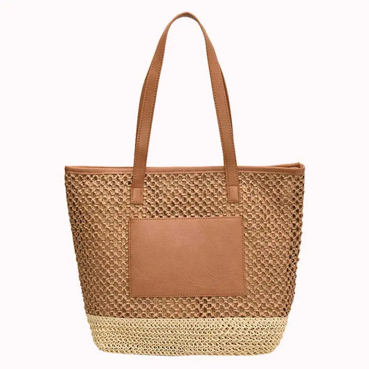 Women Straw Crochet Beach Handbag PU Patchwork Simple Shoulder Bag Contrast Color Minimalist Tote Bag Ladies Summer Bag