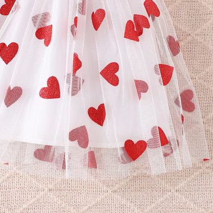 Toddler Girl Valentine s Day Outfit Heart Print Ruffle Sleeve Top with Tulle Patchwork Skirt and Matching Bow Headband