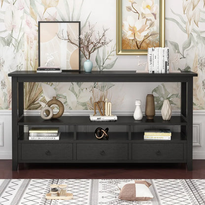 3 Tier Vintage Solid Console Table with 3 Drawers and Shelves, Industrial Console Table Coffee Table