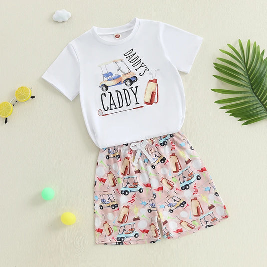 Boys Stylish Summer Ensemble Relaxed Fit Tee with Golf Print and Matching Shorts for a Cool 2-Piece Set