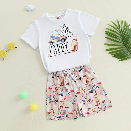 Boys Stylish Summer Ensemble Relaxed Fit Tee with Golf Print and Matching Shorts for a Cool 2-Piece Set
