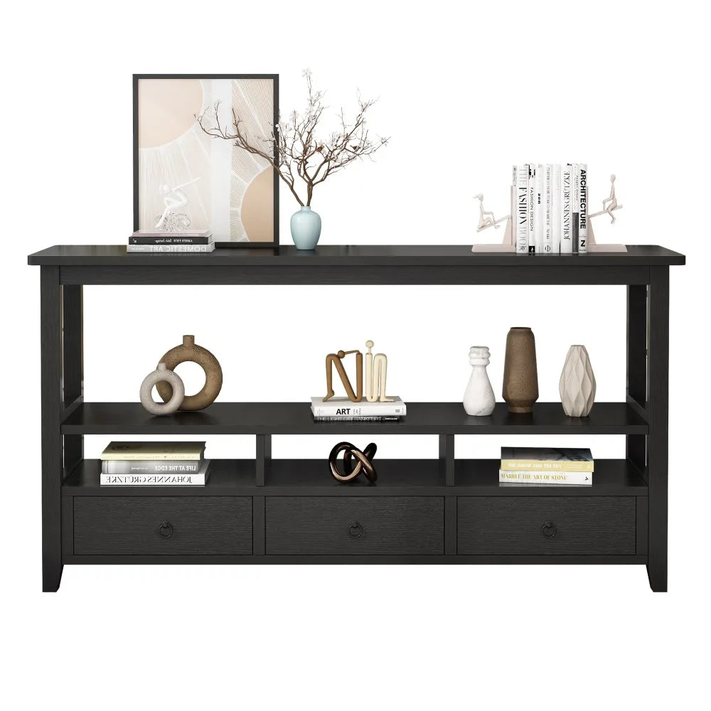 3 Tier Vintage Solid Console Table with 3 Drawers and Shelves, Industrial Console Table Coffee Table