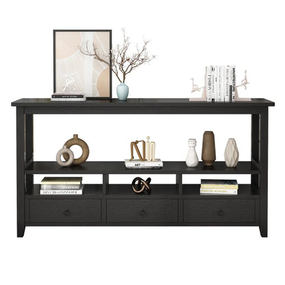 3 Tier Vintage Solid Console Table with 3 Drawers and Shelves, Industrial Console Table Coffee Table