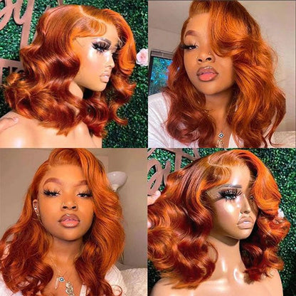 Ginger Orange 13x4 Body Wave 200 Density Short Bob Frontal Wig Brazilian Virgin Hair HD Transparent Lace wig Pre plucked Wigs