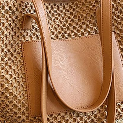 Women Straw Crochet Beach Handbag PU Patchwork Simple Shoulder Bag Contrast Color Minimalist Tote Bag Ladies Summer Bag