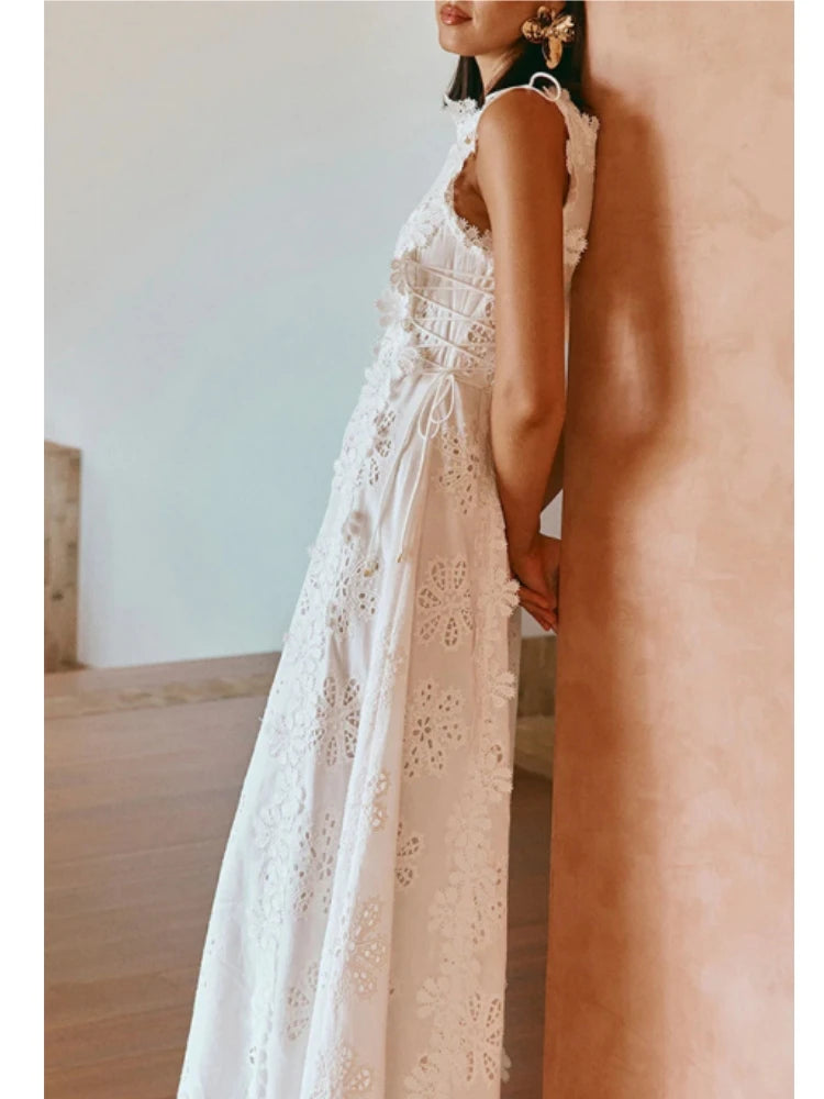 Summer Lace Hook Flower Hollow White Dress Women Chic O-neck Sleeveless Lace-up Midi Dress Ladies Elegant Vacation Party Dress