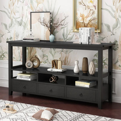 3 Tier Vintage Solid Console Table with 3 Drawers and Shelves, Industrial Console Table Coffee Table