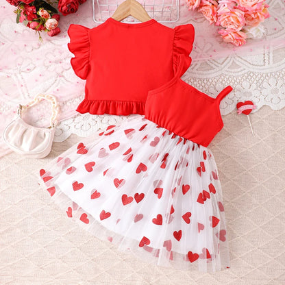Toddler Girl Valentine s Day Outfit Heart Print Ruffle Sleeve Top with Tulle Patchwork Skirt and Matching Bow Headband