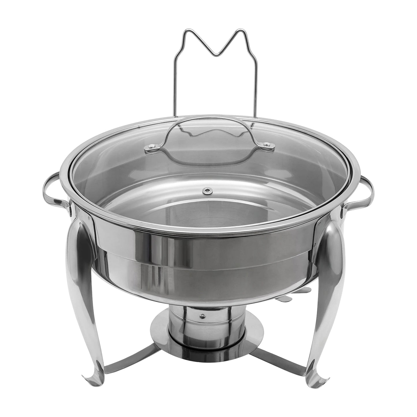 Round Alcohol-Heated Chafing Dish with Glass Lid, 6L Capacity, Stainless Steel, Ideal for Parties and Family Gatherings
