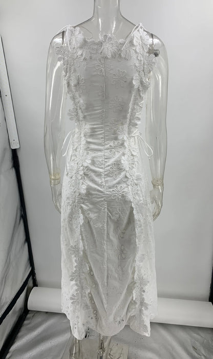 Summer Lace Hook Flower Hollow White Dress Women Chic O-neck Sleeveless Lace-up Midi Dress Ladies Elegant Vacation Party Dress