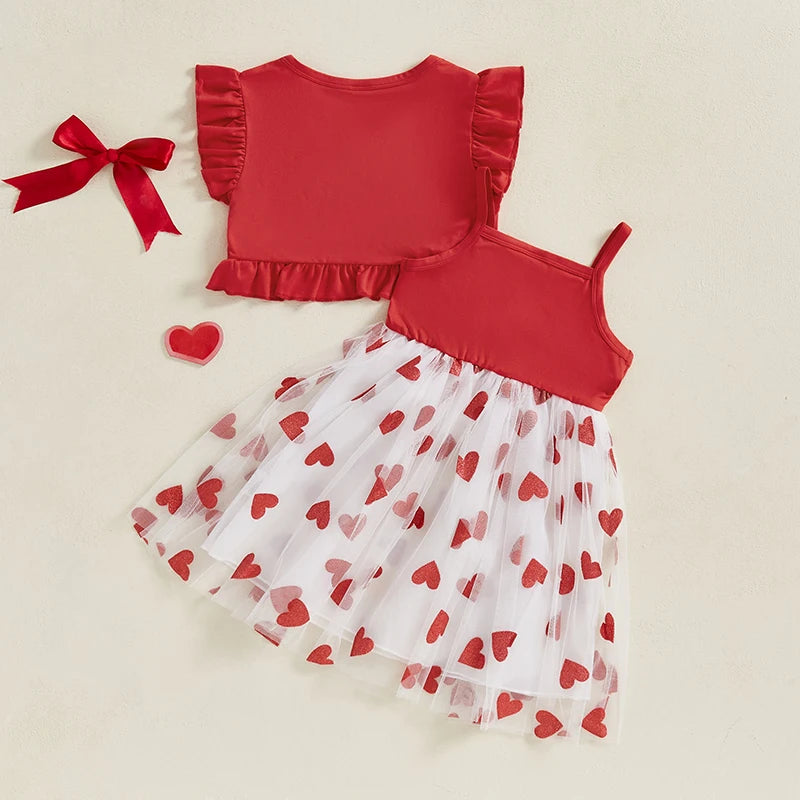 Toddler Girl Valentine s Day Outfit Heart Print Ruffle Sleeve Top with Tulle Patchwork Skirt and Matching Bow Headband