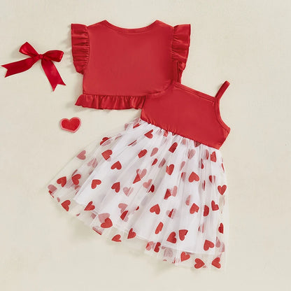 Toddler Girl Valentine s Day Outfit Heart Print Ruffle Sleeve Top with Tulle Patchwork Skirt and Matching Bow Headband