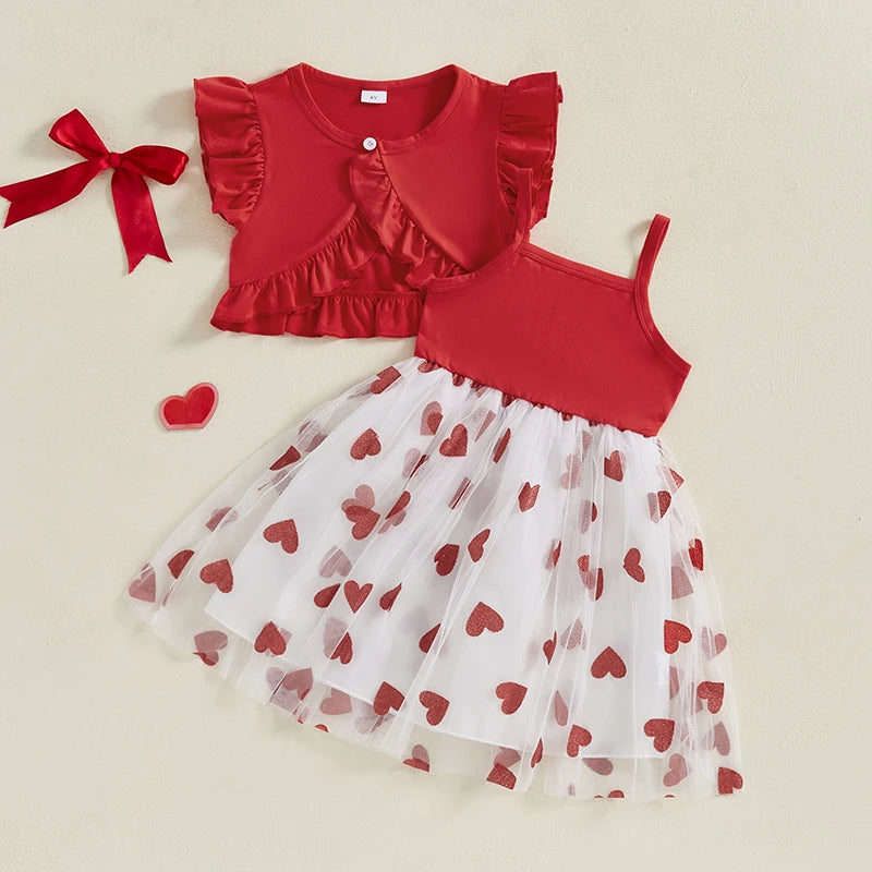 Toddler Girl Valentine s Day Outfit Heart Print Ruffle Sleeve Top with Tulle Patchwork Skirt and Matching Bow Headband