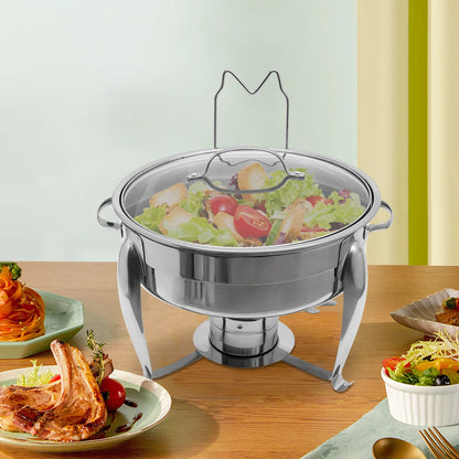 Round Alcohol-Heated Chafing Dish with Glass Lid, 6L Capacity, Stainless Steel, Ideal for Parties and Family Gatherings
