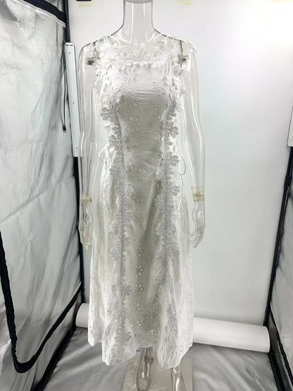 2025 Summer New Fashion Lace Embroidery Women Strap Resort Slimming Long Dress Simple Solid Color Female Banquet Dresses