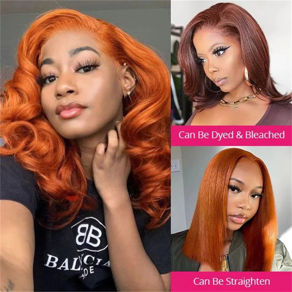 Ginger Orange 13x4 Body Wave 200 Density Short Bob Frontal Wig Brazilian Virgin Hair HD Transparent Lace wig Pre plucked Wigs