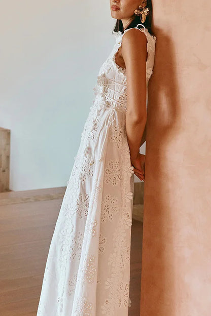 Summer Lace Hook Flower Hollow White Dress Women Chic O-neck Sleeveless Lace-up Midi Dress Ladies Elegant Vacation Party Dress