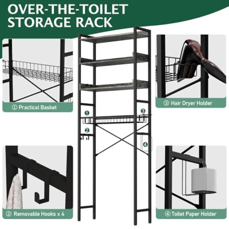 OverTheToilet Storage Rack 4 Tier Bathroom Organizer Shelf with Adjustable Basket Freestanding Shelves with Hair Dryer Holder H