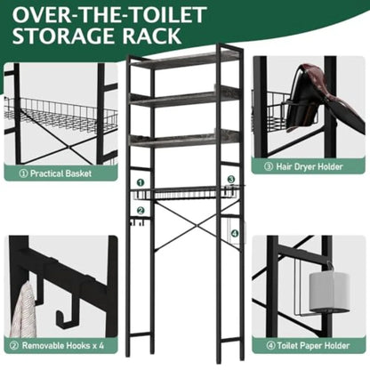 OverTheToilet Storage Rack 4 Tier Bathroom Organizer Shelf with Adjustable Basket Freestanding Shelves with Hair Dryer Holder H