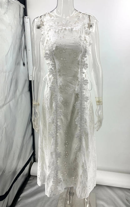 Summer Lace Hook Flower Hollow White Dress Women Chic O-neck Sleeveless Lace-up Midi Dress Ladies Elegant Vacation Party Dress