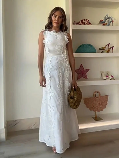 Summer Lace Hook Flower Hollow White Dress Women Chic O-neck Sleeveless Lace-up Midi Dress Ladies Elegant Vacation Party Dress