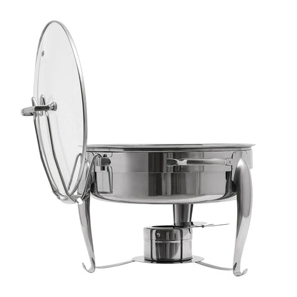 Round Alcohol-Heated Chafing Dish with Glass Lid, 6L Capacity, Stainless Steel, Ideal for Parties and Family Gatherings