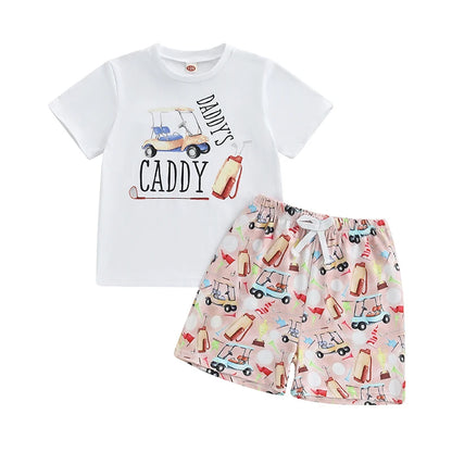 Boys Stylish Summer Ensemble Relaxed Fit Tee with Golf Print and Matching Shorts for a Cool 2-Piece Set