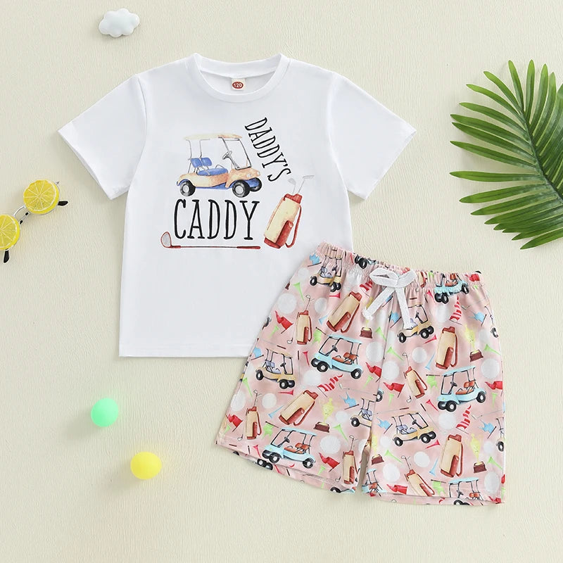 Boys Stylish Summer Ensemble Relaxed Fit Tee with Golf Print and Matching Shorts for a Cool 2-Piece Set