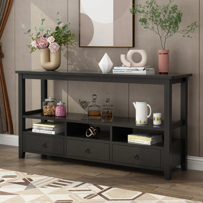 3 Tier Vintage Solid Console Table with 3 Drawers and Shelves, Industrial Console Table Coffee Table