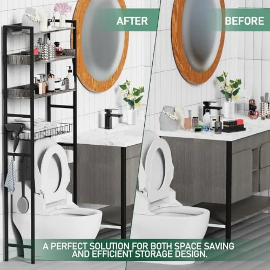 OverTheToilet Storage Rack 4 Tier Bathroom Organizer Shelf with Adjustable Basket Freestanding Shelves with Hair Dryer Holder H