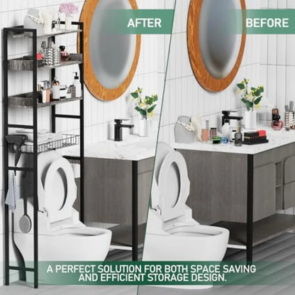 OverTheToilet Storage Rack 4 Tier Bathroom Organizer Shelf with Adjustable Basket Freestanding Shelves with Hair Dryer Holder H