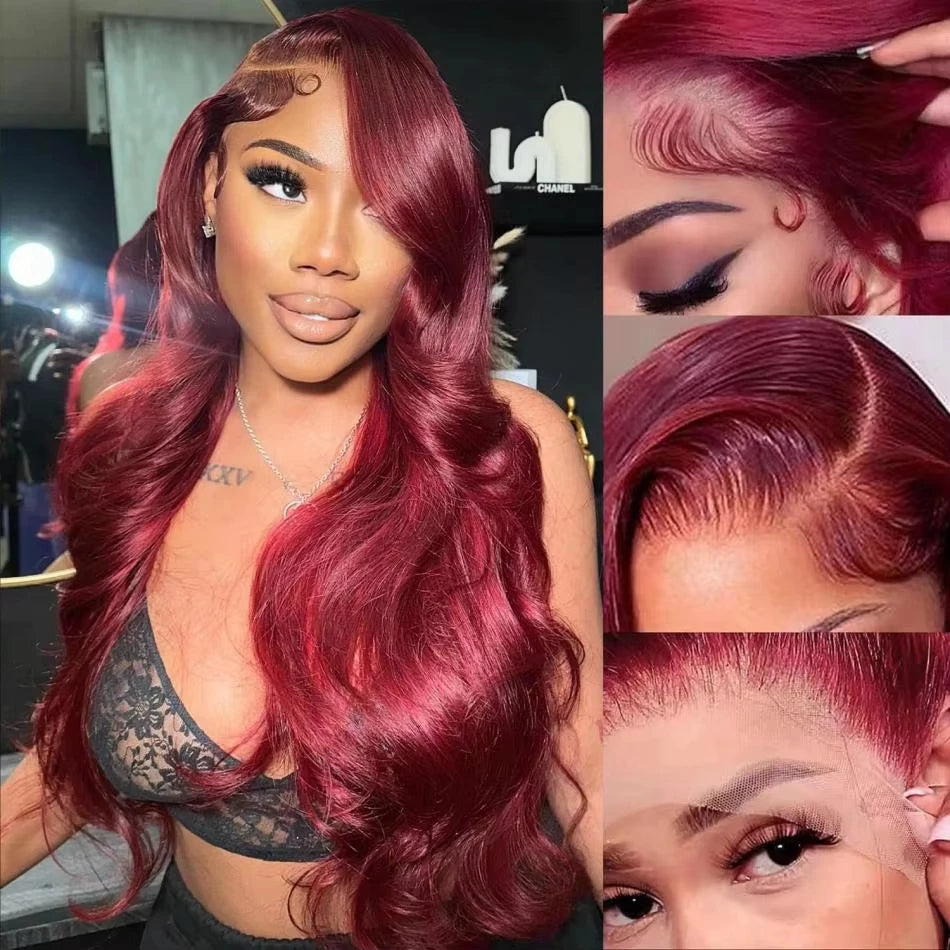30 Inch 200% Body Wave Wig Burgundy 99J Lace Front Wig 13x4 13x6 HD Lace Frontal Wig Human Hair Pre Plucked 99j Red Colored Wig