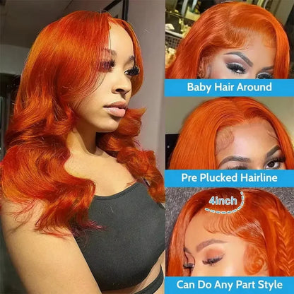 Ginger Orange 13x4 Body Wave 200 Density Short Bob Frontal Wig Brazilian Virgin Hair HD Transparent Lace wig Pre plucked Wigs