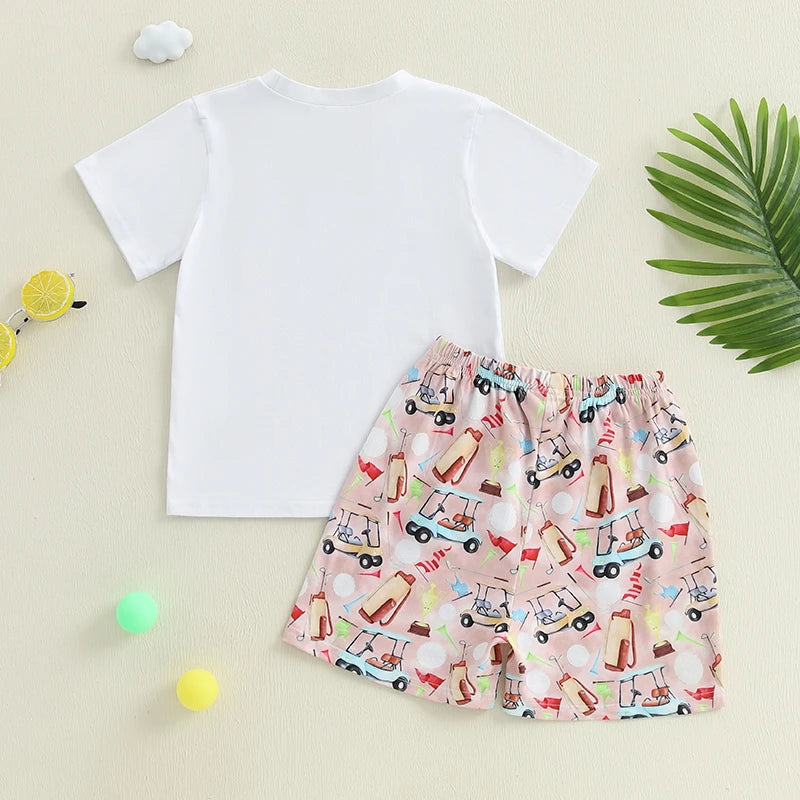 Boys Stylish Summer Ensemble Relaxed Fit Tee with Golf Print and Matching Shorts for a Cool 2-Piece Set
