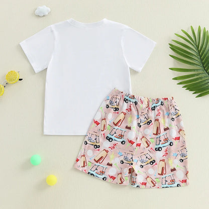 Boys Stylish Summer Ensemble Relaxed Fit Tee with Golf Print and Matching Shorts for a Cool 2-Piece Set