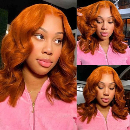 Ginger Orange 13x4 Body Wave 200 Density Short Bob Frontal Wig Brazilian Virgin Hair HD Transparent Lace wig Pre plucked Wigs