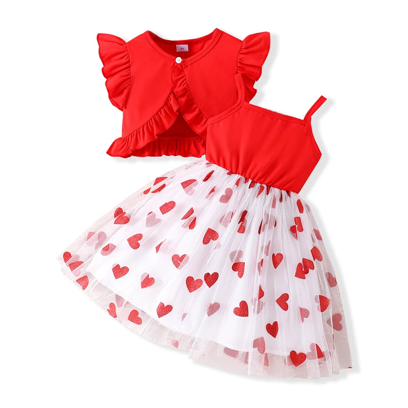 Toddler Girl Valentine s Day Outfit Heart Print Ruffle Sleeve Top with Tulle Patchwork Skirt and Matching Bow Headband