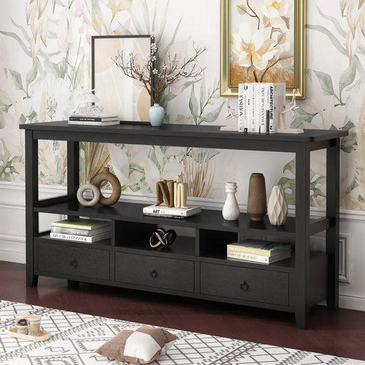 3 Tier Vintage Solid Console Table with 3 Drawers and Shelves, Industrial Console Table Coffee Table