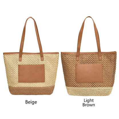 Women Straw Crochet Beach Handbag PU Patchwork Simple Shoulder Bag Contrast Color Minimalist Tote Bag Ladies Summer Bag