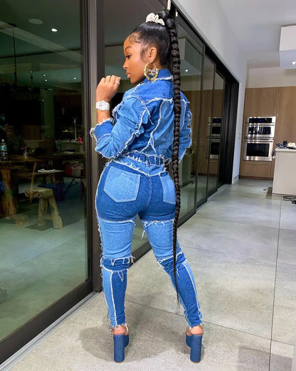 2-Piece Retro Denim Patchwork Outfit – Stylish Crop Top & High-Waist Jeans