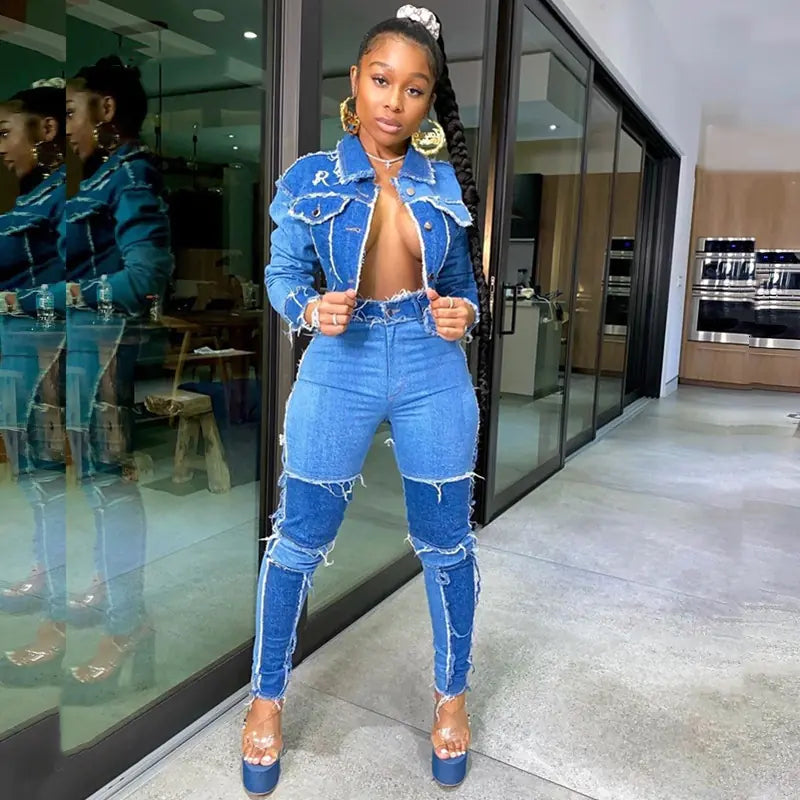 2-Piece Retro Denim Patchwork Outfit – Stylish Crop Top & High-Waist Jeans