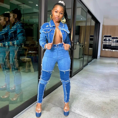 2-Piece Retro Denim Patchwork Outfit – Stylish Crop Top & High-Waist Jeans