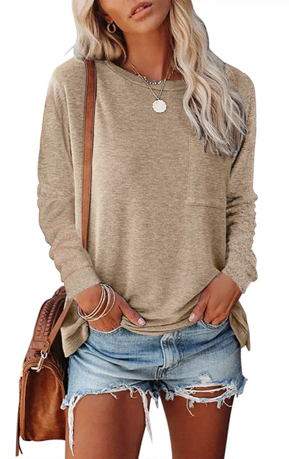 Women’s Off-Shoulder Long Sleeve Pocket Tee – Soft & Stylish Casual Top